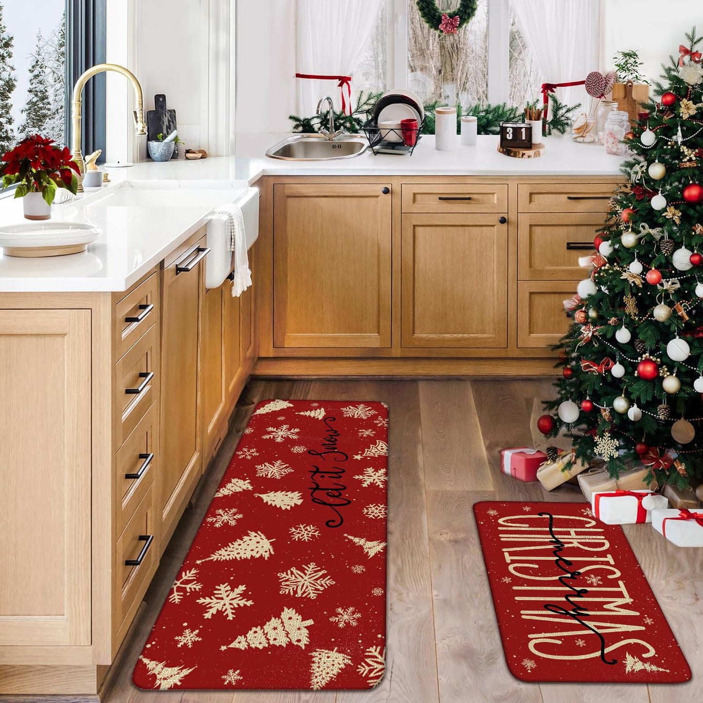 Red Christmas Kitchen Mats Set of 2, Linen Xmas Kitchen Rugs, Merry Christmas & Let It Snow Design, Non-Slip Floor Mats for Kitchen, Entryway Christmas Decor 17x30+17x47 Inch