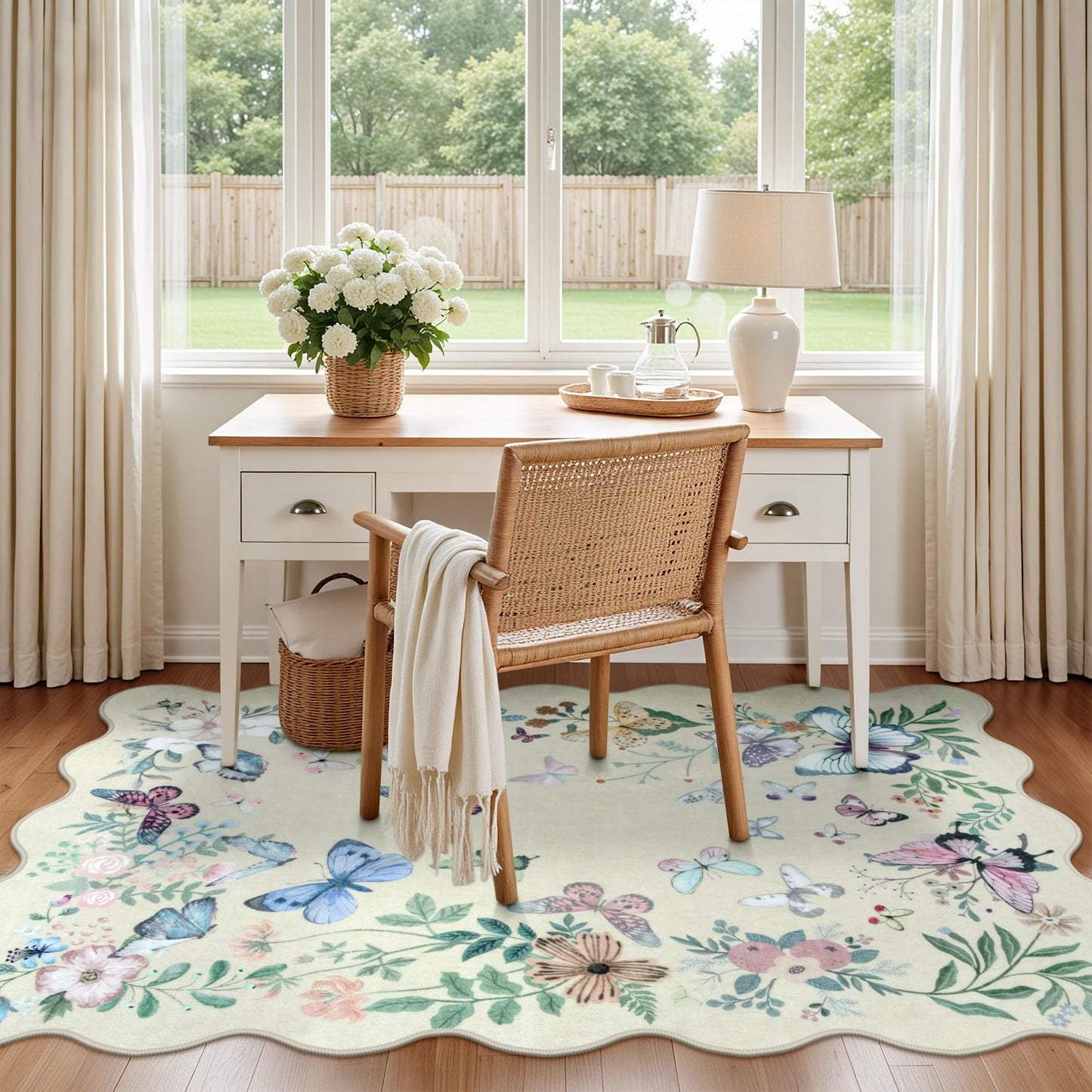 Rugalia Washable Scalloped Butterfly Area Rug, 3x5 Beige Indoor Entryway Rug Soft Non-Slip Boho Kitchen Rugs, Ultra Thin Botanical Floral Throw Carpet for Living Room Bedroom Nursery Foyer