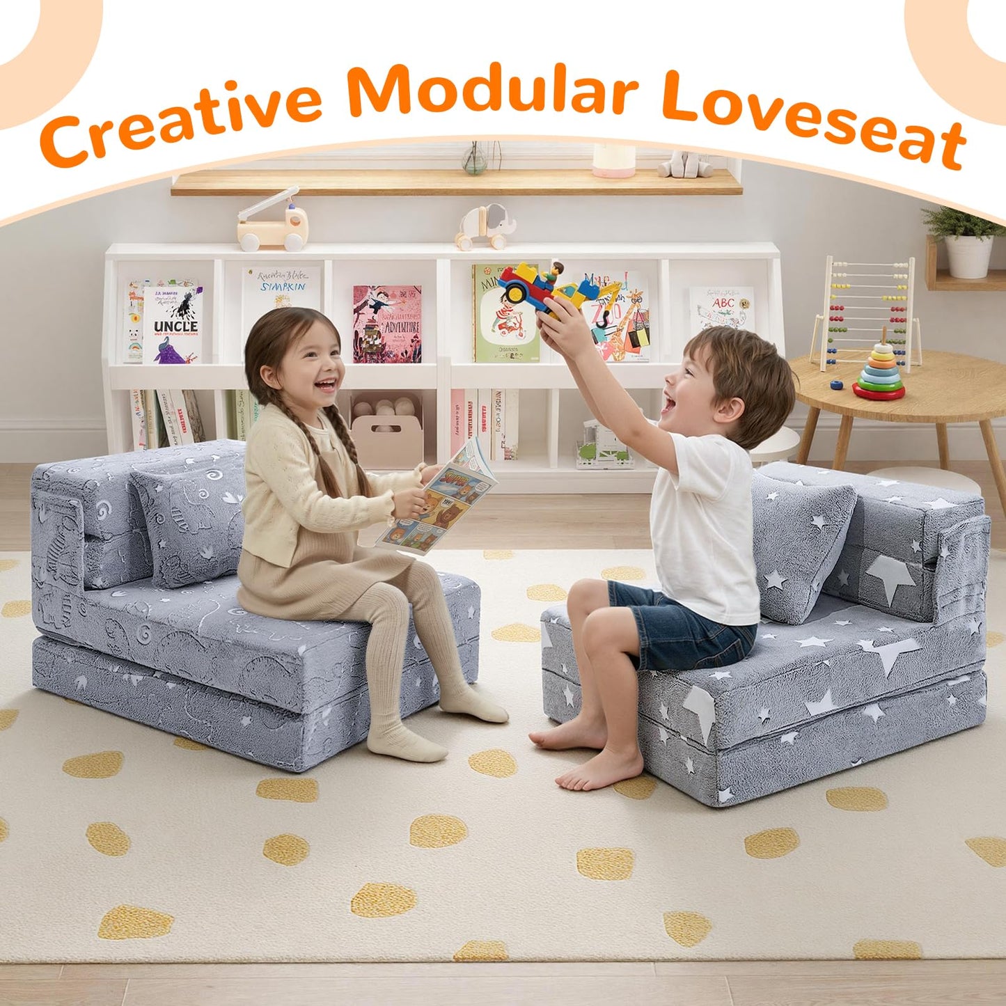 MeMoreCool Kids Floor Mattress Glow in The Dark, Convertible Sofa Couch, Folding Futon Chair Bed for Kids Playroom (Glowing Dinosaur)