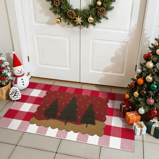 OJIA 2PCS Christmas Door Mat Combo Set, Imitation Coir Holiday Doormat + 24"x51" Red & White Plaid Rug Xmas Washable Outdoor Porch Rugs Layered Door Mats Floor Carpet for Front Door Entry Decor