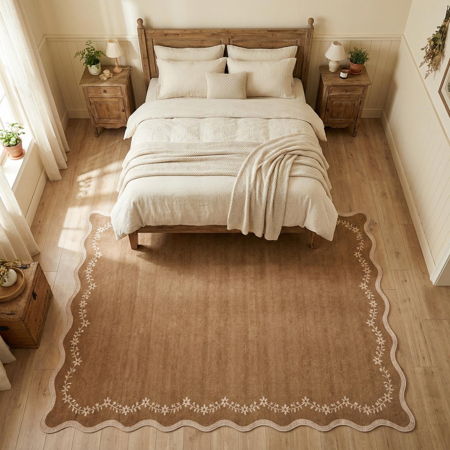 GarveeHome 5x7 Scalloped Area Rug Brown Washable Rugs for Living Room Bedroom, Soft Low Pile Non Slip Accent Floor Mat Solid Floral Print Throw Rug Farmhouse Indoor Carpet for Dorm Playroom