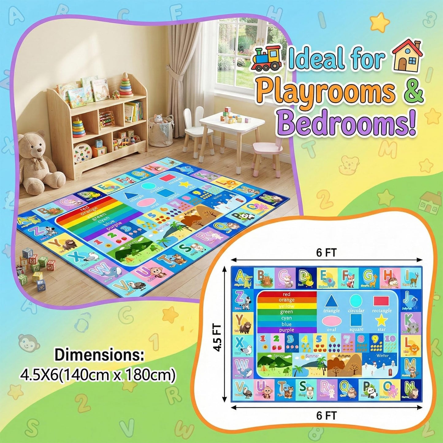 OGPJKEQR ABC Rugs for Kids Playroom Classroom, 4.5x6 Ft Educational Alphabet Rug with Numbers Animals Seasons Fruits, Non-Slip Washable Soft ABC Mat for Nursery Bedroom Boys Girls, Blue