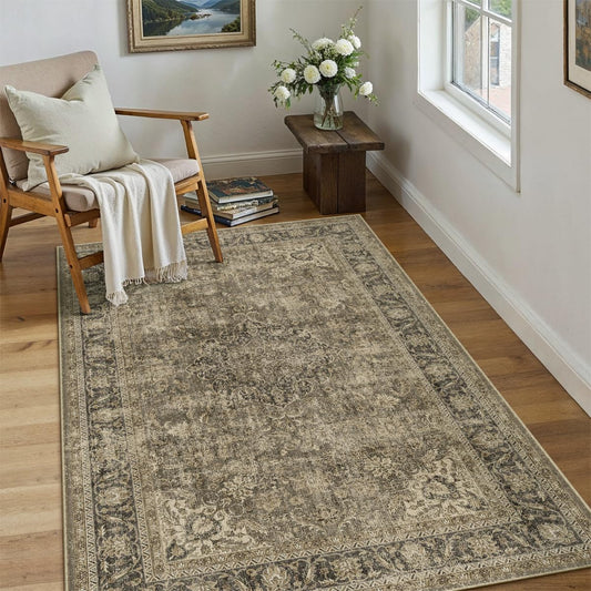 WondRg 3x4 Washable Area Rug Brown Vintage Non Slip Soft Low Pile Rug for Entryway Kitchen Bathroom Distressed Oriental Throw Carpet for Living Room Bedroom Home Decor