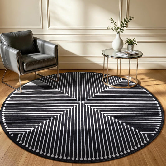 YIHOUSE Modern Washable 6ft Round Rug for Living Room, Black 6x6 Circle Rugs for Bedroom Non Slip Non Skid, Soft Striped Carpet for Dining Room Playroom Home Office Decor