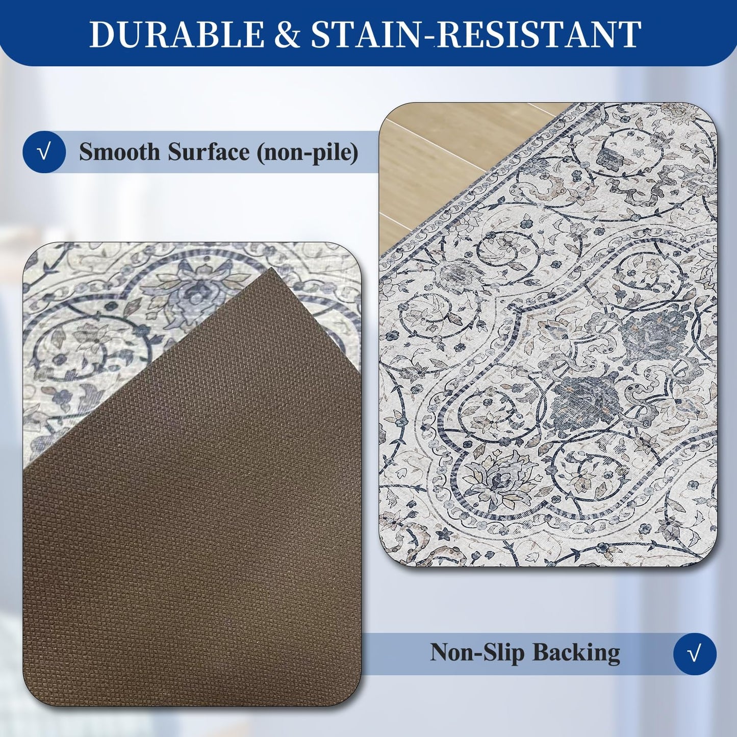 SALLOUS Floor Mat for Home, 5' x 7' Waterproof Area Rug for Living Room, Vinyl Area Rug for Bedroom, Slip Resistant Hard Floor Protector Mat for Kitchen, Bathroom, Entryway (Grayish Blue Bohemian)