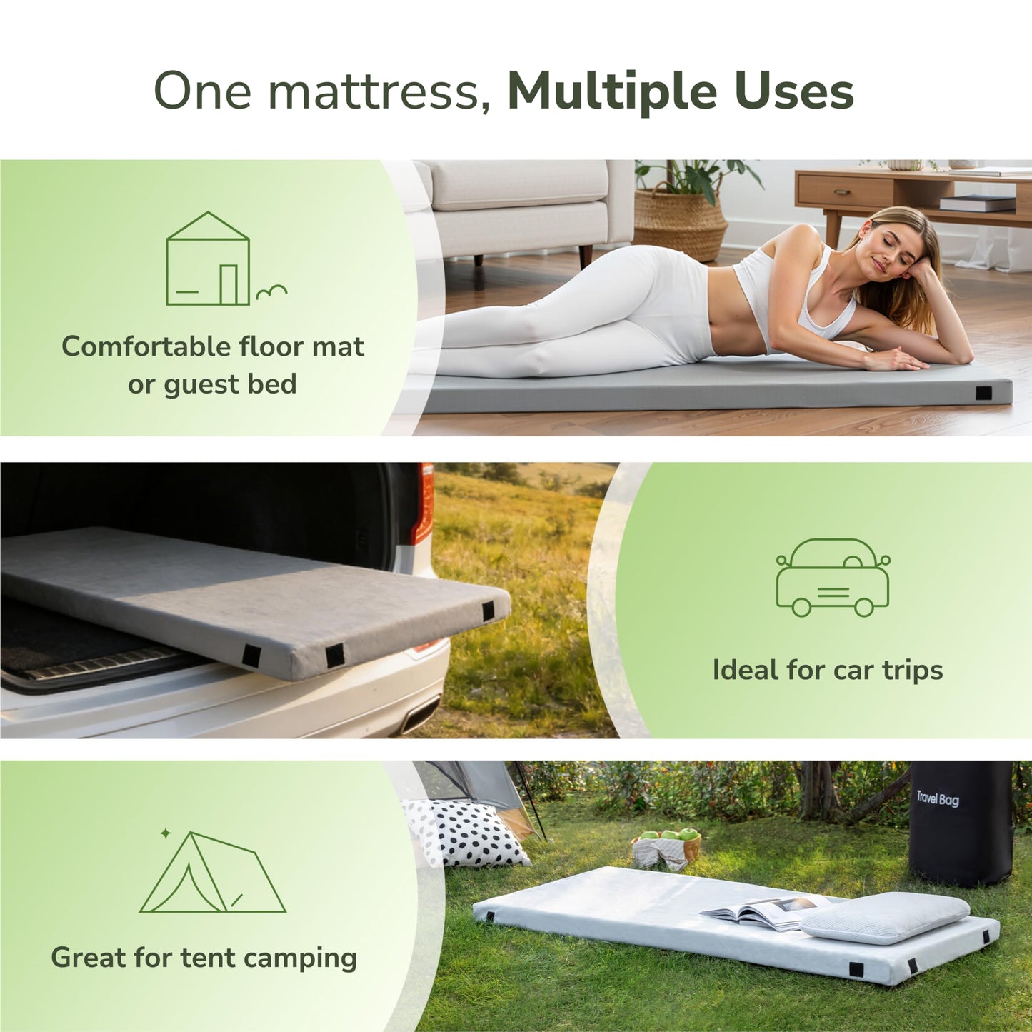 Memory Foam Camping Mattress 2.5 inch, Cot Pads, Single Small Portable Roll Up Camping Sleep Topper with Waterproof and Non-Slip Bottom, Camping Car Mat with Travel Bag, 72"×24"×2.5", Grey
