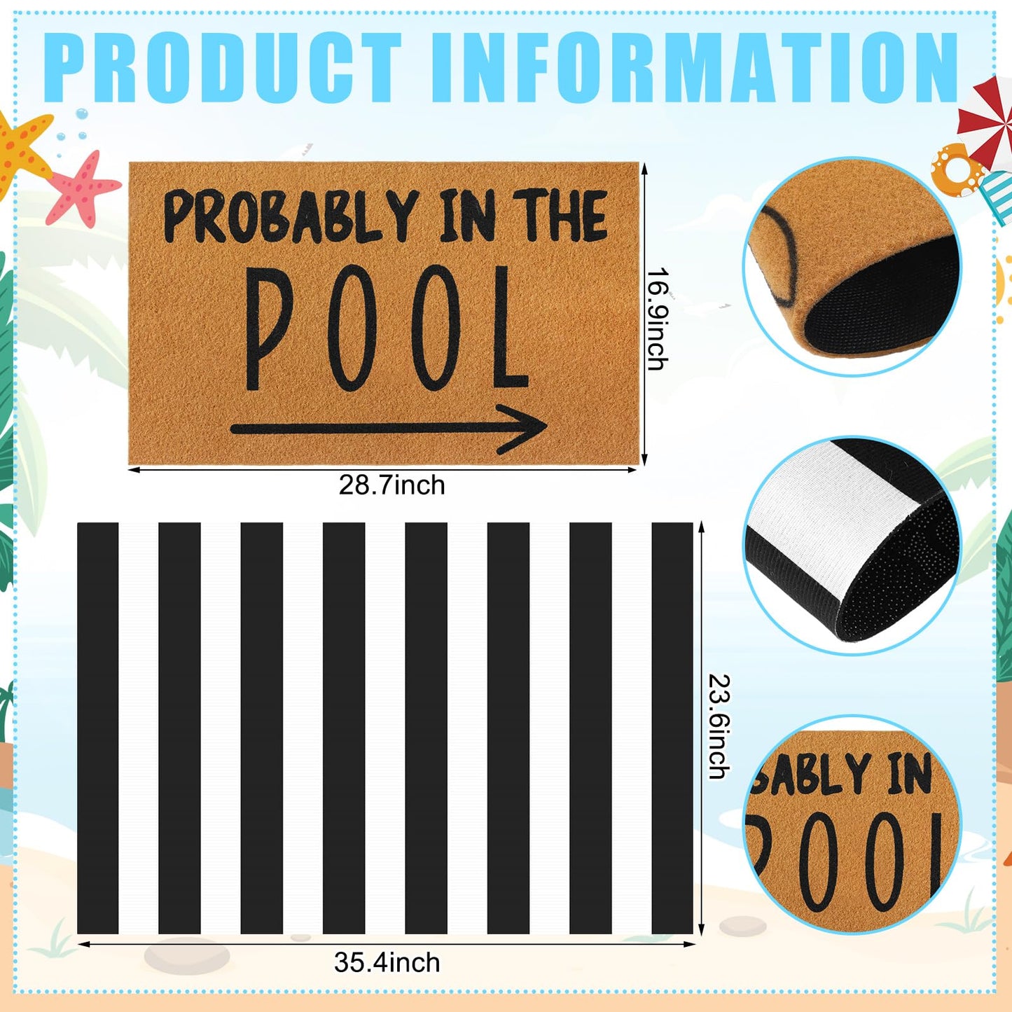 Tinideya 2 Pcs Summer Door Mat Probably in the Pool Welcome Non Slip Coir Mats Floor Layering Black and White Strips Doormats Seasonal for Front Porch Entryway Decor(Pool)