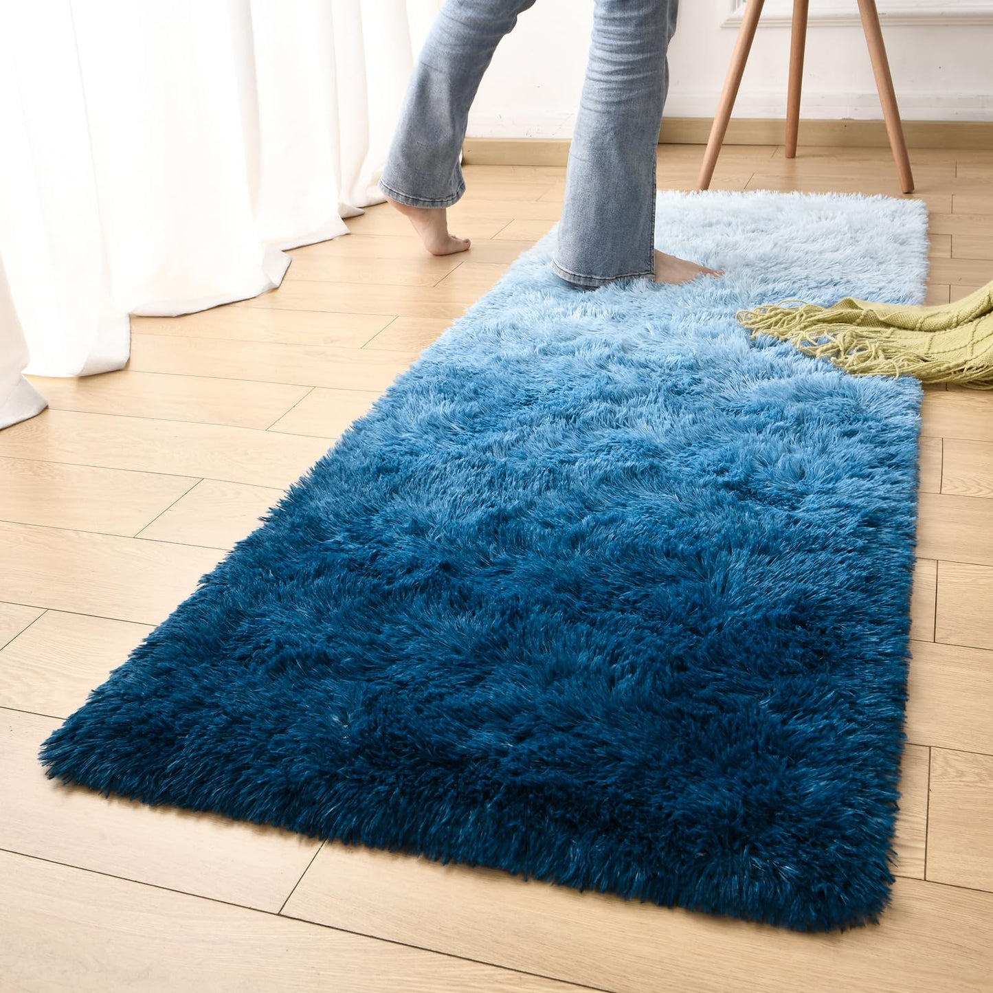 DweIke Luxury Shaggy Runner Rugs for Bedroom, 2x6 Feet Fluffy Runners Carpet for Girls Boys Kids, Non-Slip Extra Comfy Plush Bed Beside Rug for Living Room Nursery Home Decor, Gradient Navy Blue