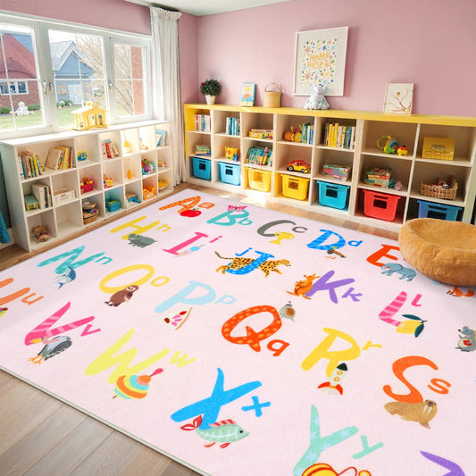 LIVEBOX 7'5" x 13' Pink ABC Kids Classroom Carpet, Large Washable Alphabet Educational Learning Area Rugs for Classroom Elementary, Non-Slip Pastel Preschool Kids Teacher Rug for Kindergarten Daycare