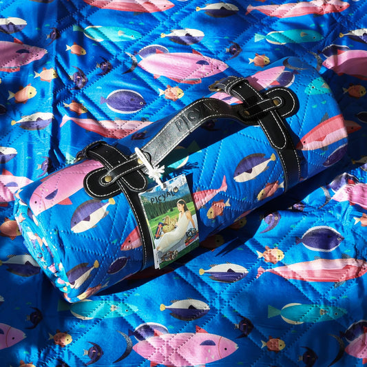 PICYALO Picnic Blanket, 80x80 Inches, White Fish Pattern, Double Thickened with 150g Cotton, Portable Foldable with Leather Carry Strap