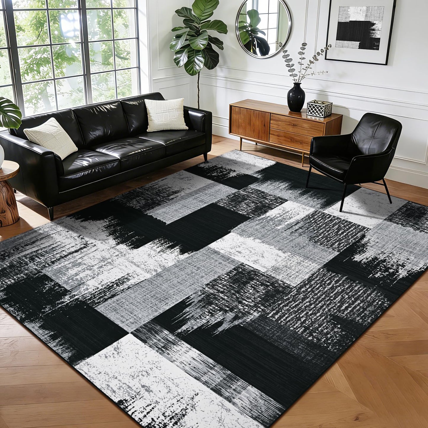 Yinhua Modern Geometric 5x8 Area Rug, Patchwork Grey Rugs for Living Room Washable Abstract Area Rug Non Slip, Soft Bedroom Rugs Stain Resistant, Mid Century Low Pile Carpet for Dining Room, Office