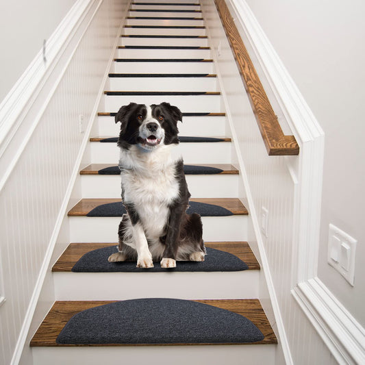 Qingbei Rina Bullnose Carpet Stair Treads Non-Slip for Wooden Steps,13PCS/8.7 * 26inch Indoor Stair Carpet Runner,Cover,Mat for Dogs Baby Pets,Comfort Semi Circular(Black Grey)