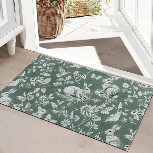 SOAYOH Wildflower and Rabbit Indoor Door Mat, Vintage Bunny and Bird Pattern Front Doormats, Cottage Entryway Area Rug 17x29.5 Inch Soft Non Woven Floor Mats for Porch Kitchen Bathroom Decor Gifts