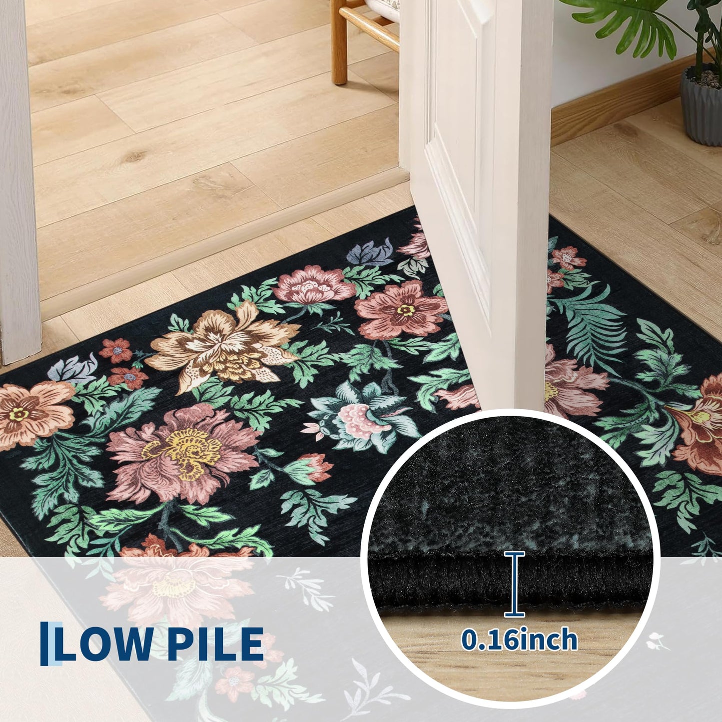 IDEALHOUSE Washable Area Rug, Soft Pearl Velvet Carpet, Non Slip Low Pile, Stain Resistance, Machine Washable Foldable Rug, Floral Pattern Modern, for Living Room, Bedroom, Dining Room, Black