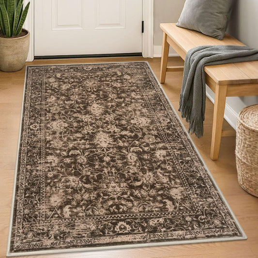KILOCOCO Area Rug 3x5 Washable Rug for Entryway Printed Vintage Floral Rubber Backed Non Slip Indoor Kitchen Rugs for Living Room Laundry Room Playroom Mudroom Moroccan Door Rugs, Rust Brown Red