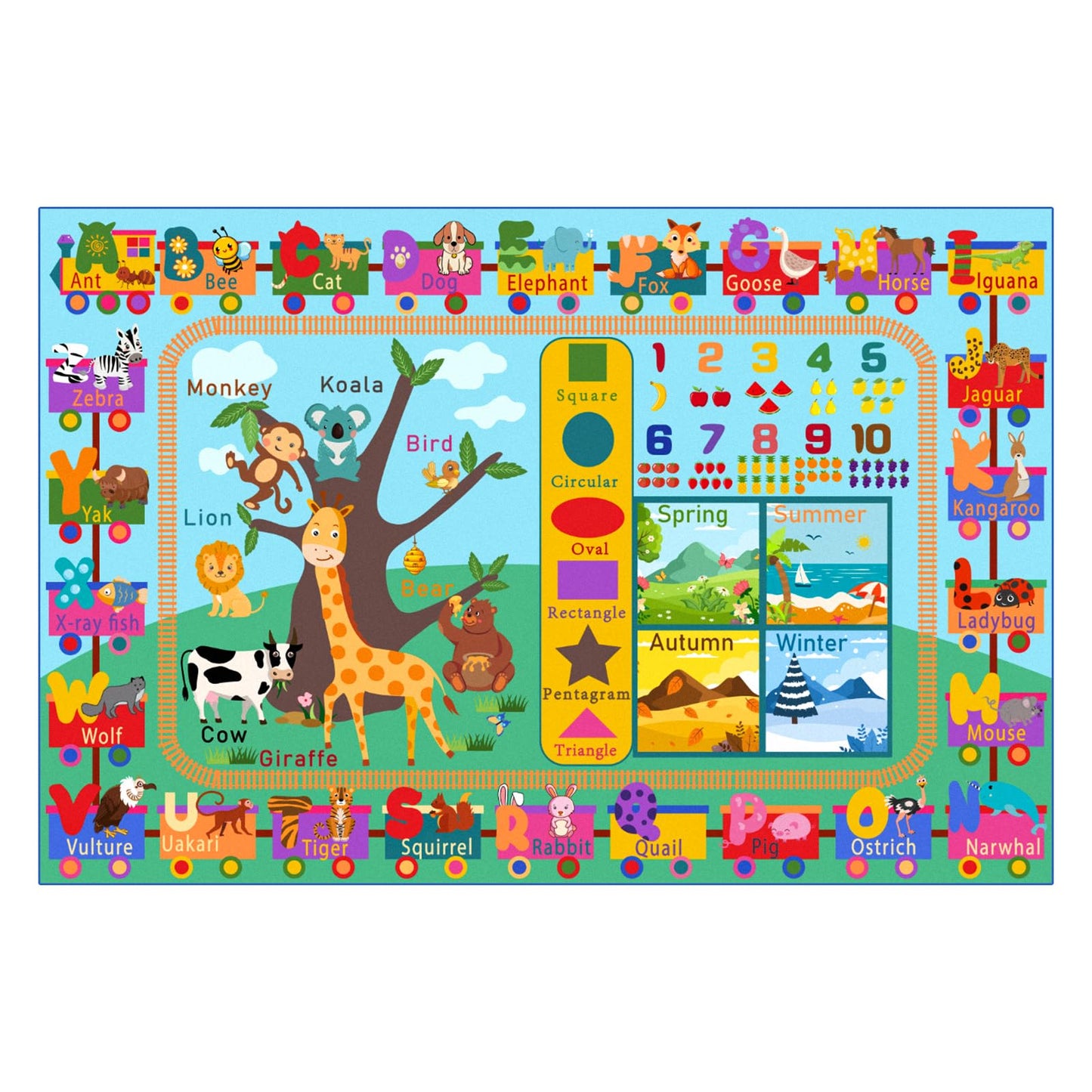 Zedrew Kids Rug for Playroom, 4x6 ABC Educational Carpet for Classroom, Fun Alphabet Area Rugs for Learn Numbers Season Animal Weather and Shapes Playmat for Girls Boys Room Nursery Decor