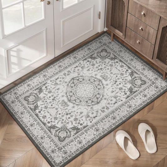 Washable Entryway Rug 2x3, Non Slip Indoor Door Mat, Low Pile Vintage Persian Area Rug, Machine Washable Small Accent Rug for Front Door, Bathroom, Bedside, Kitchen, Grey