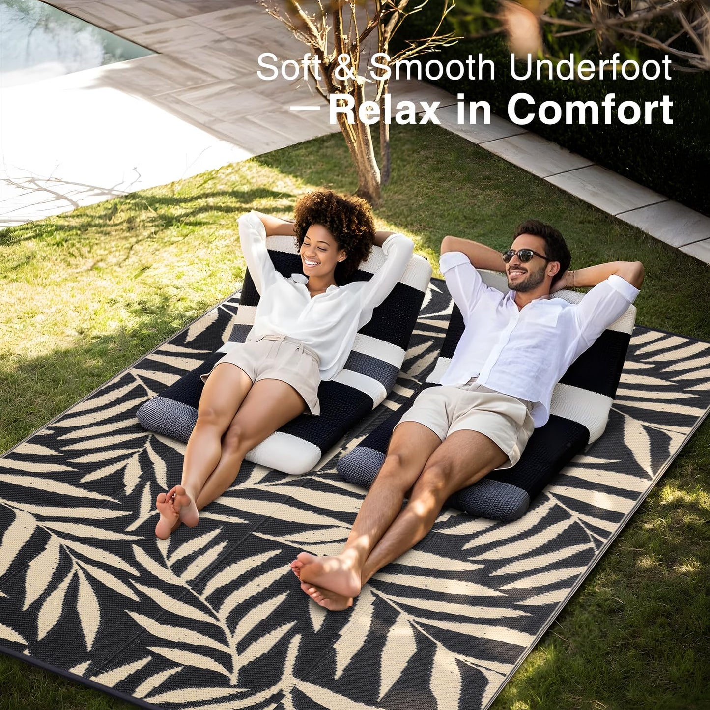 OLANLY Waterproof Outdoor Rug 6x9 ft, Reversible Outdoor Plastic Straw Rug with Leaf Pattern, RV Mat, Indoor Outdoor Carpet for Patio, Camping, Balcony, Deck, Backyard, Black & Beige