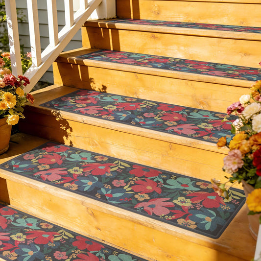 FUNMAT Outdoor Stair Treads Non-Slip, 8" X 30" - 12-Pack Weather Resistant Floral Grip Tape for Wooden Steps, Waterproof & Anti Skid High Traction Adhesive Step Strips for Stairs, Black