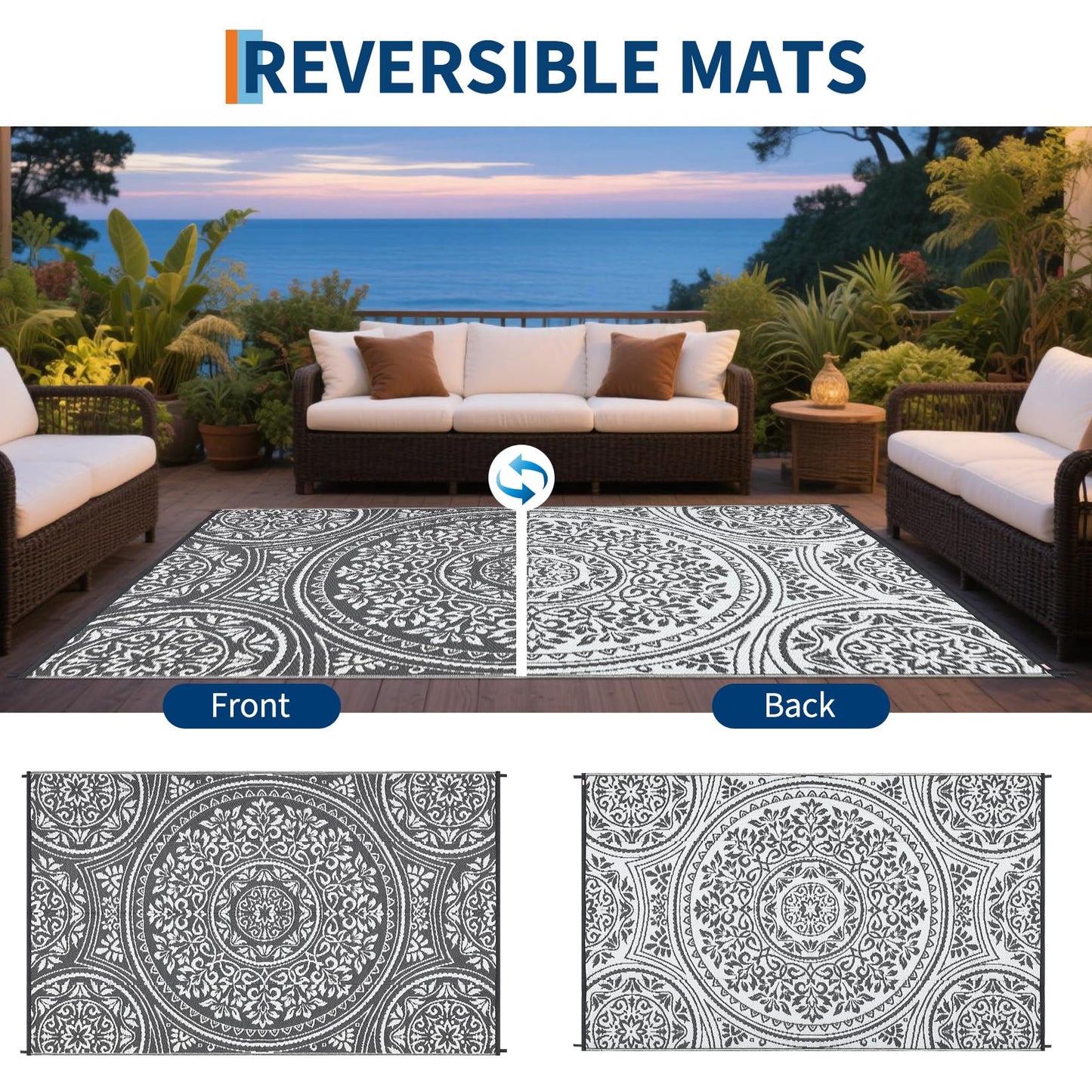 GarveeHome Large Waterproof Outdoor Rug 9x18 Reversible Floral Plastic Straw Rug, Durable UV Resistant Outdoor Carpet, Portable RV Camper Picnic Mat with Stakes & Carry Bag for Yard Poolside, Grey