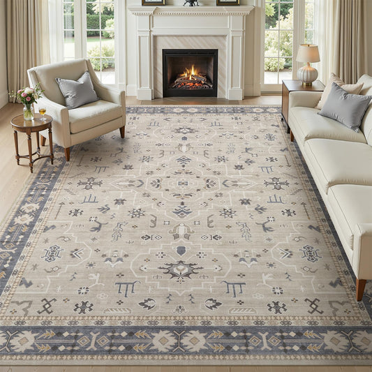 WITSHOCK 9x12 Area Rugs for Living Room, Washable Non Slip Rugs for Bedroom Dining Room Office, Soft Low Pile Stain Resistant Oriental Distressed Vintage Carpet for Farmhouse Home Decor - Beige&Gray