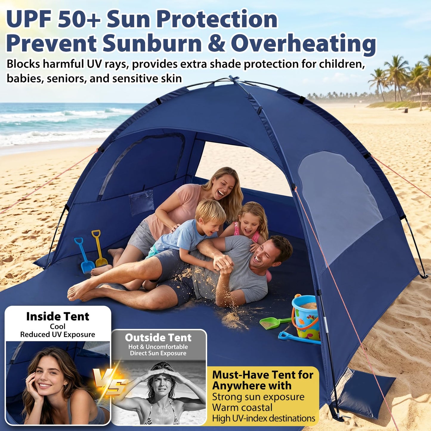Beach Tent Sun Shelter- with 114 x 82” Extended Mat for 3-6 Person,UPF 50+ UV Protection,Easy Setup Beach Shade Canopy,Portable Camping Sun Shelters with 3 Mesh Window for Family Picnics Fishing