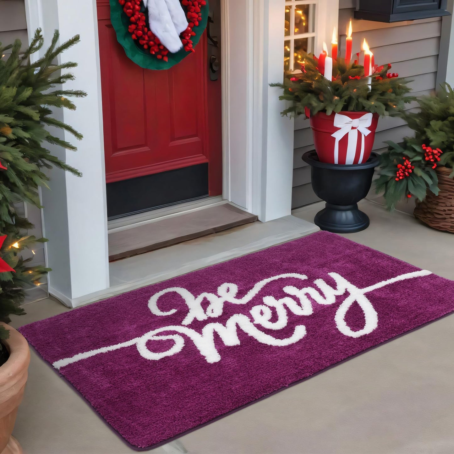 HunnmingRe 48 x 30 Inch Christmas Bathroom Rug Large Extra Soft Absorbent Bath Mat Purple Non Slip Bath Rug Be Merry Holiday Xmas Home Decor for Indoor, Living Room, Bedroom