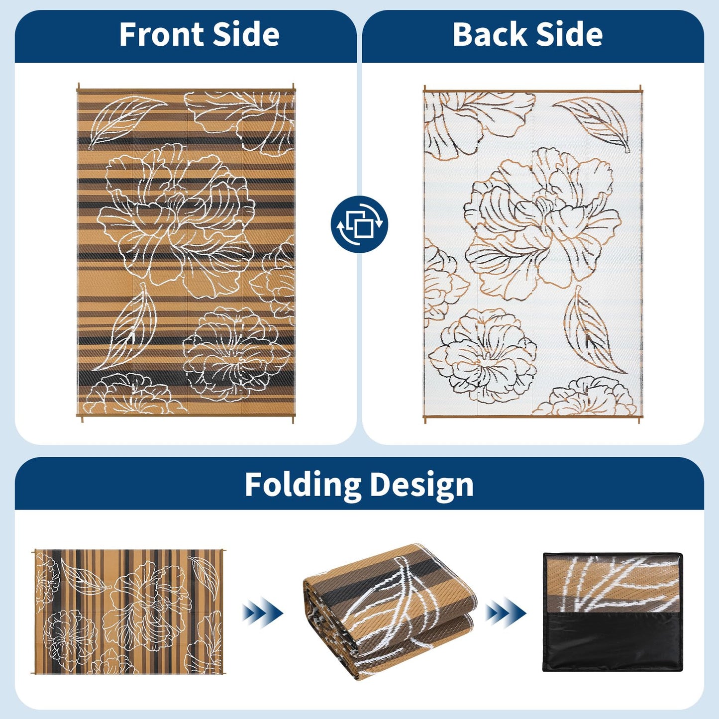 Garvee 5x8 Outdoor Waterproof Rug, Floral Outdoor Area Rug，Reversible Plastic Straw Patio Rug, Portable Camping Mat for RV, Picnic, Beach, Balcony, Garden & Camping Black&Brown