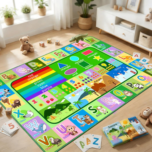 OGPJKEQR Kids Rug for Playroom Bedroom, 2.5x4 Feet Educational ABC Area Rug for Classroom Nursery, Non-Slip Alphabet Learning Carpet with Numbers Animals Seasons Fruits, Green Toddler Floor Mat