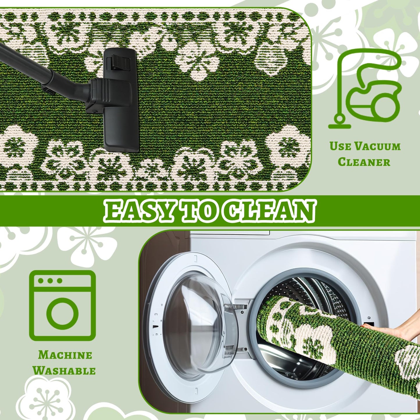 Kitchen Rugs Set of 3, Japanese Cherry Blossom Kitchen Mats for Floor Nylon TPR Non-Slip Washable Sink & Standing Mats Absorbent Resist Dirt Kitchen Runner Floral Rug (Green, 20"x59"+20"x47"+20"x32")