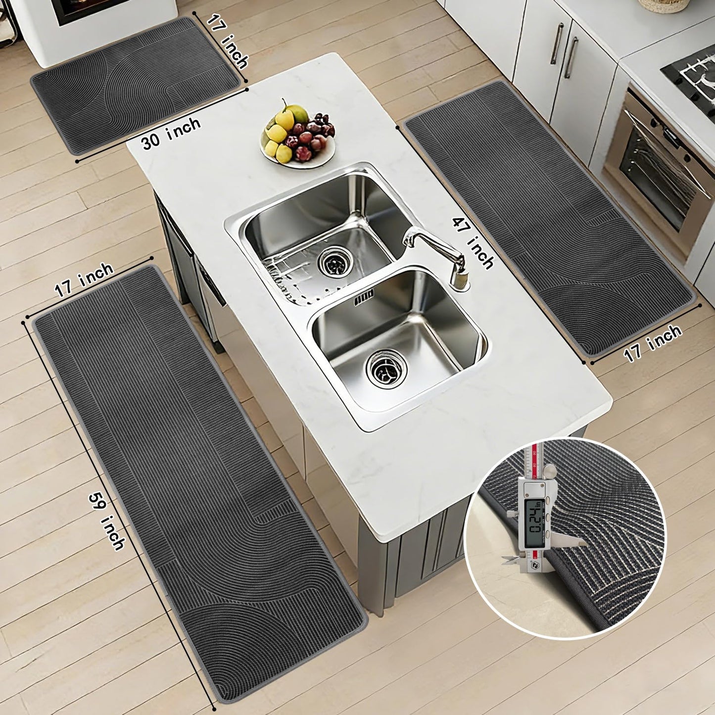HAPACE Kitchen Mat Set of 2 PCS, Anti Fatigue Kitchen Floor Mat, Kitchen Runner Cushioned Non Slip for Kichen, Office, Balcony, Gray, 17" x 30"+17" x 59"