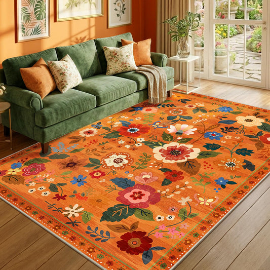 RELEANY Floral 5x7 Area Rugs Washable Print Boho Cute Carpet Non Slip Flower Low Pile for Living Room Bedroom Kitchen Office Farmhouse-Burnt Orange