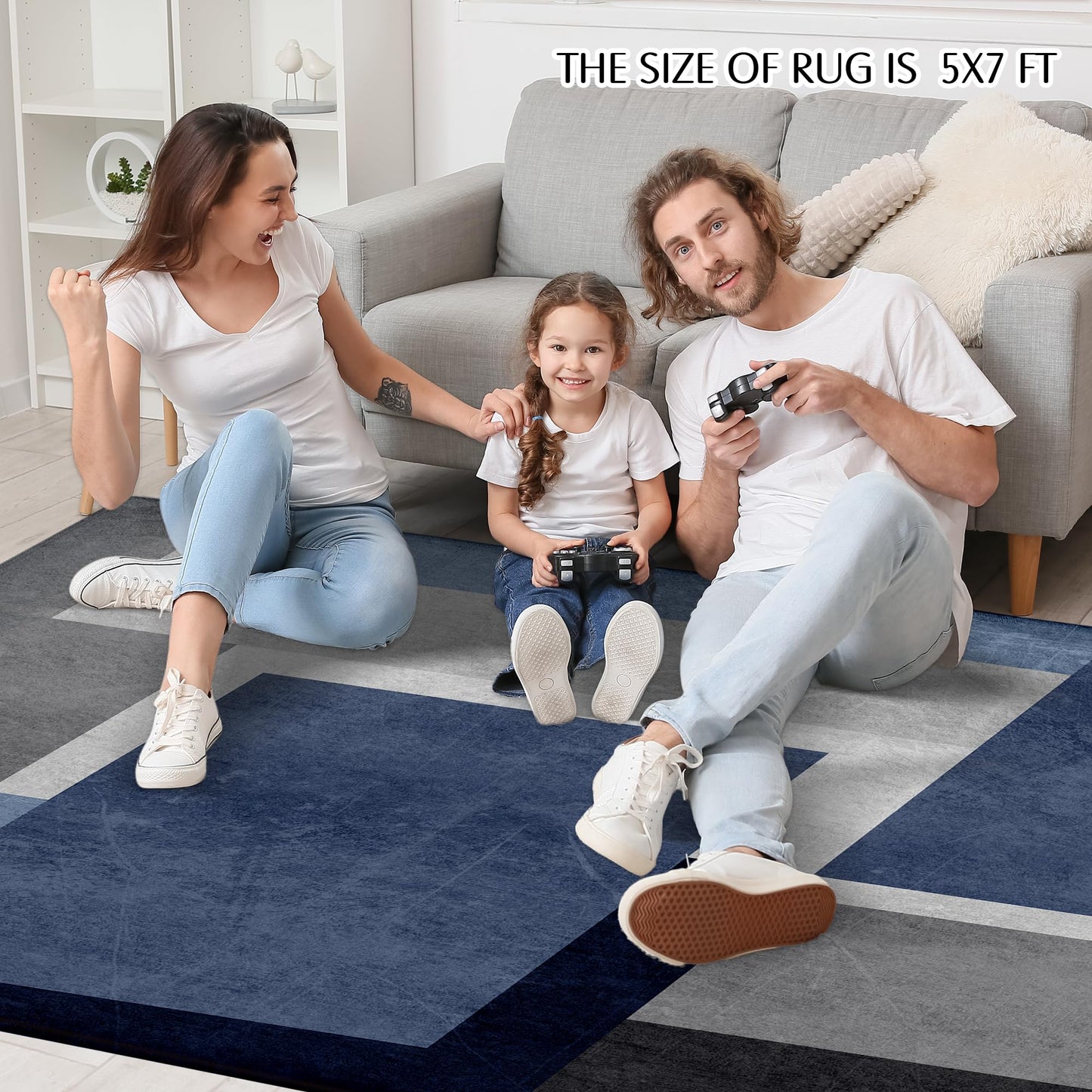 AICLIV Washable Low-Profile Geometric Area Rug, 0.2 inch Thin Abstract Rug Design for Living Room & Bedroom Decor, 5x7 ft Blue Grey Modern Non-Slip Floor Rug