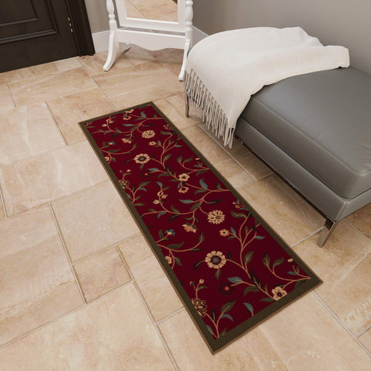 Ottomanson Accent Rug – Non Slip Low Pile Small Rug for Entryway, Bedroom, Bedside & Coffee Table Areas, 2'7" x 4', Floral Red