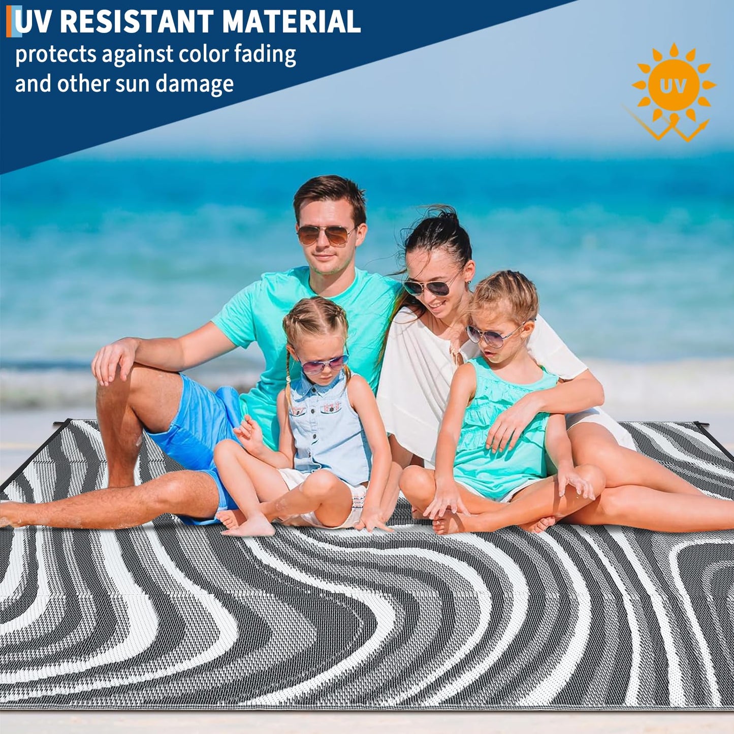 Garvee Outdoor Rug 9x18 Patio Waterproof, Abstract Outdoor Plastic Straw Rug, Camping Rugs for Outside Your RV, Reversible UV Resistant Mats with Portable Bag for Backyard, Deck, Picnic, Black Grey