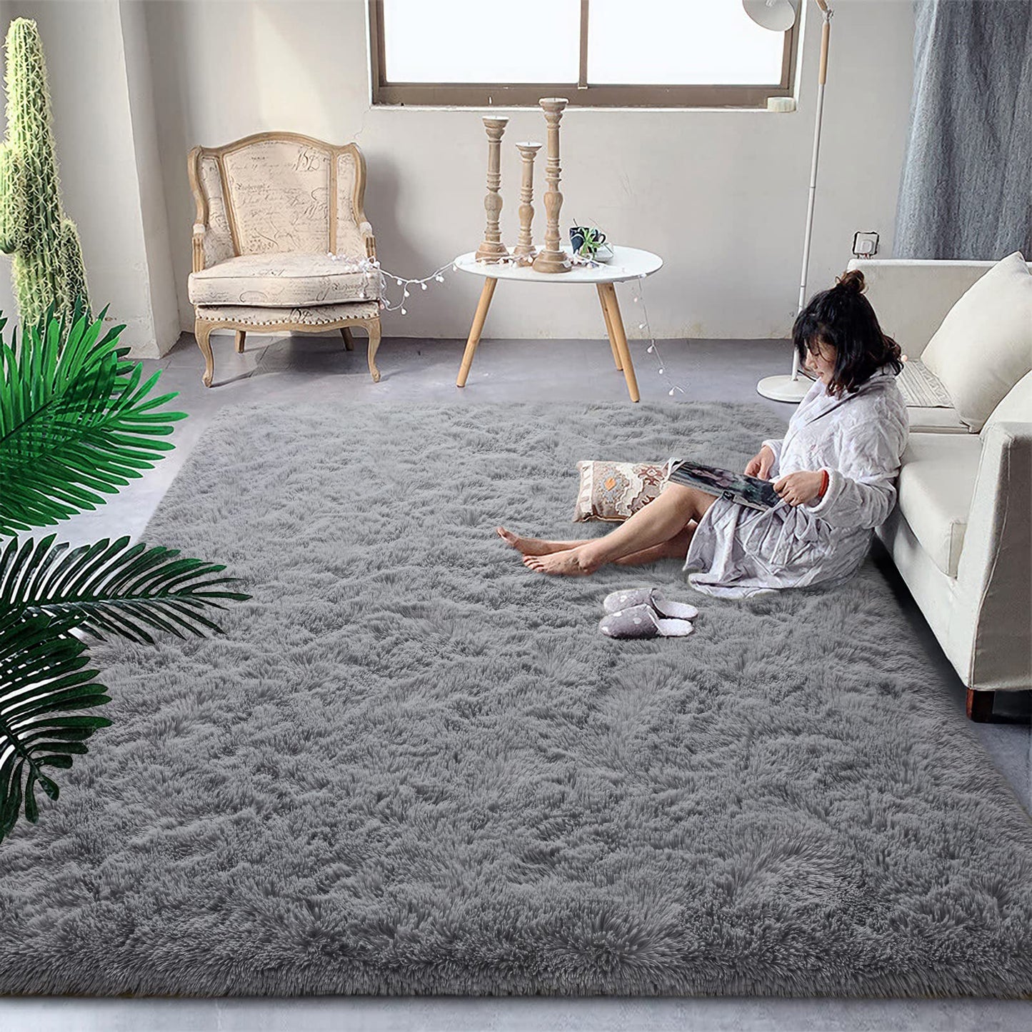 DweIke Fluffy Grey Rugs for Bedroom Living Room, 3x5 Feet Soft Plush Shaggy Light Gray Girls Boys Kids Rug, Non-Slip and Machine Washable Carpet for Dorm Nursery Classroom Decor