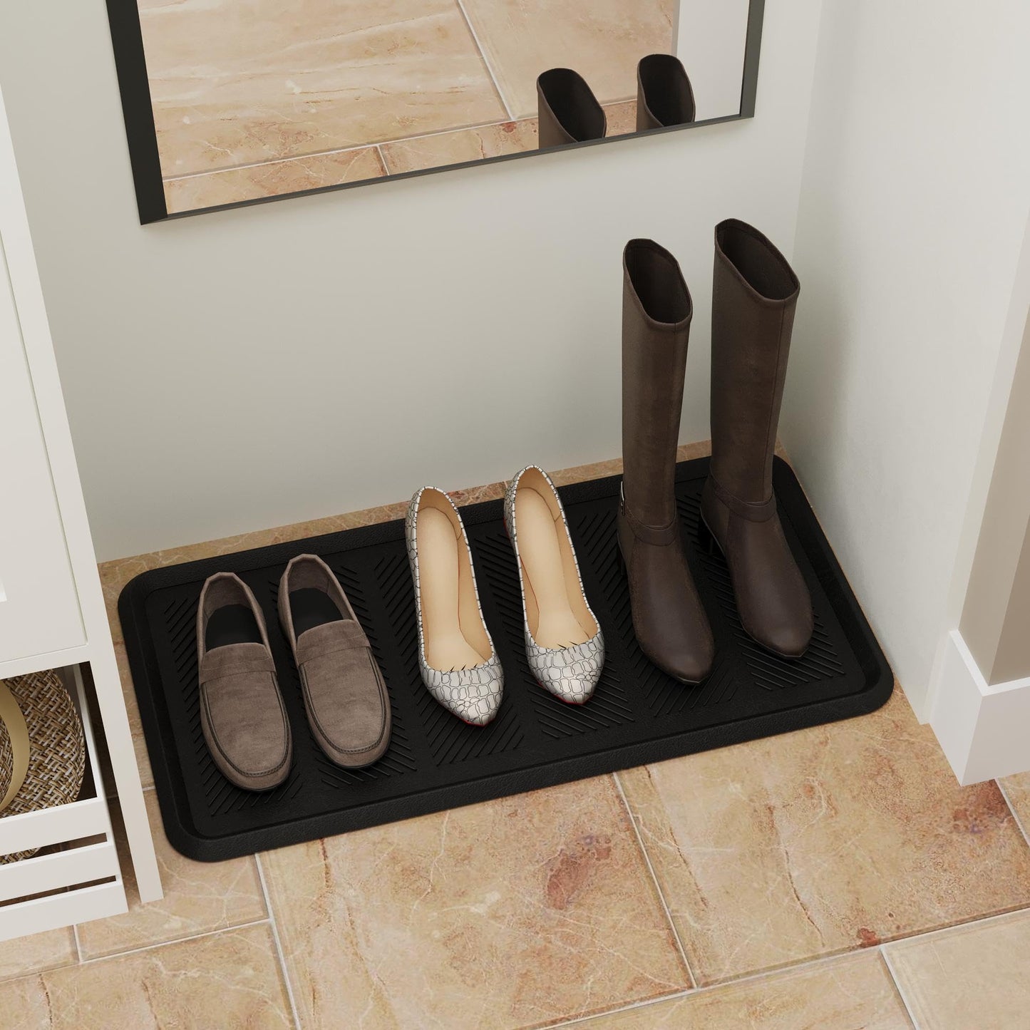 Ottomanson Heavy Duty Rubber Floor Mat – Non-Slip, Waterproof, Easy to Clean – Boot Tray Utility Mat for Shoes, Boots, Entryway, or Pet Feeding Area – Durable, Hose Washable – 16" x 32", Black