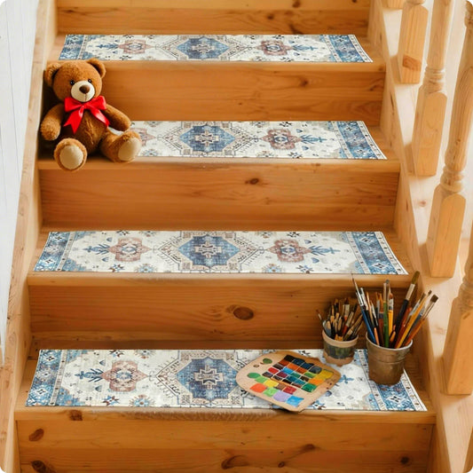 Stair Runner Carpet Anti Slip Stair Treads for Wooden Steps Indoor Residue Free Peel and Stick Washable Stair Covers, Safe for Dogs Kids Elders, Boho Blue, 8x30 inch, 15 Pack