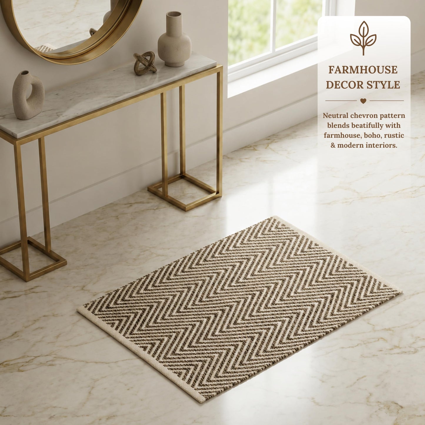 Cotton Chevron Hand Woven Area Rug 2x3 Feet - Beige, Farmhouse Decorative Floor Small Rugs Ideal for Entryway, Kitchen, Bedroom | Linen Washable Neutral Geomatric Reversible Front Door Patio Mats