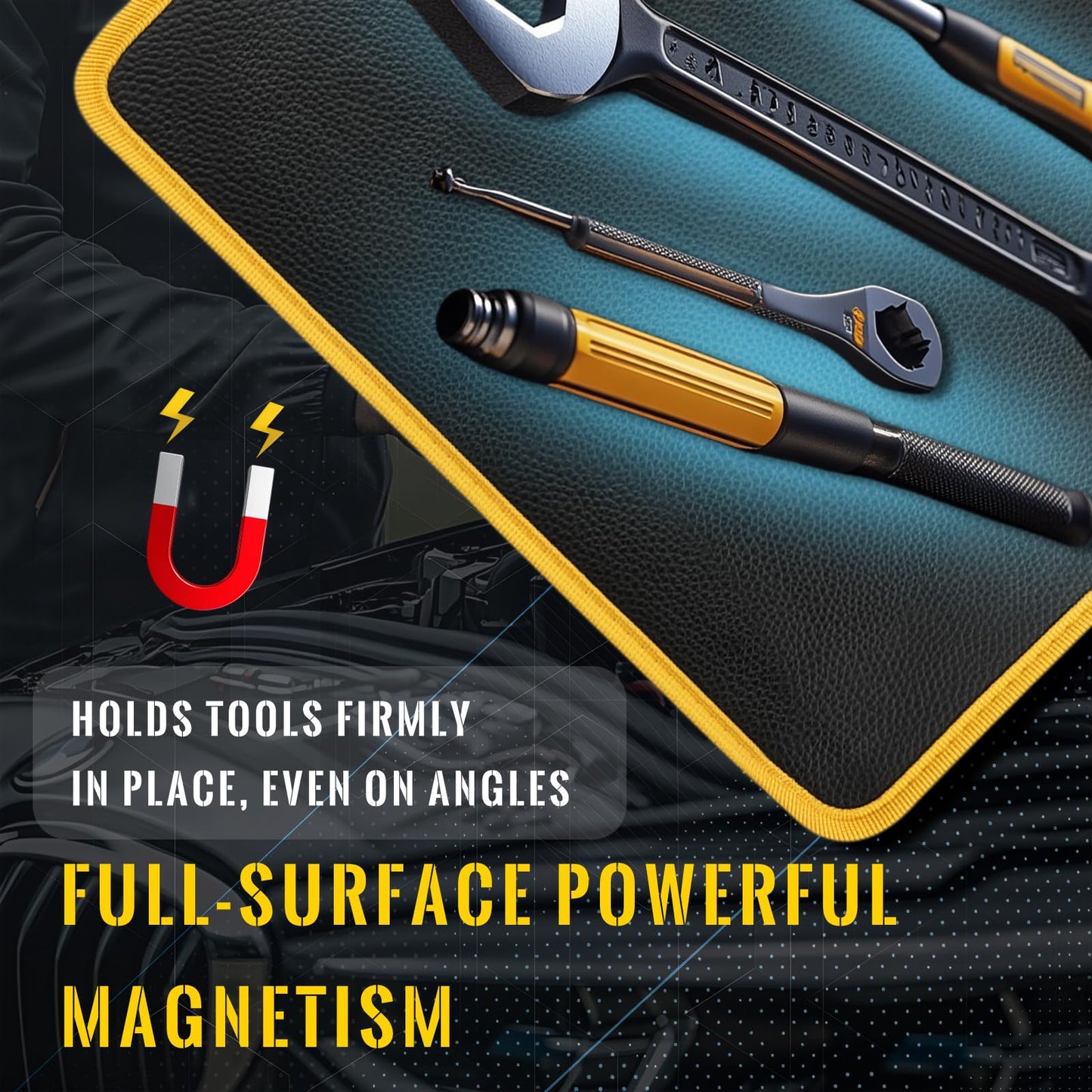 Magnetic Tool Mat Set, 4 Pack Tool Mat Set with Telescoping Pickup Tool | 40LB Strong Magnetic Mat for Tools | Screws & Parts Garage Workshop Organizer for Mechanics & DIY(Yellow)