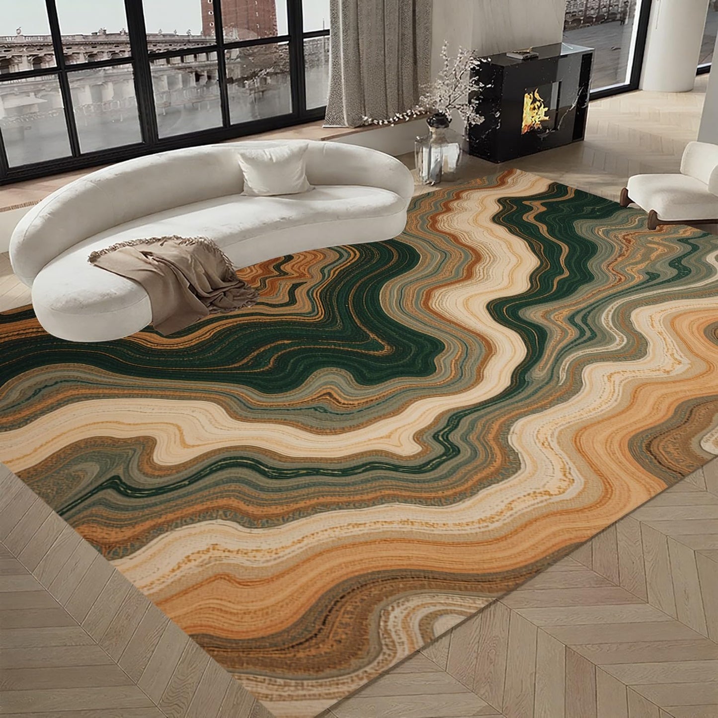 Retro Abstract Striped Marble Emerald Green Beige Brown Area Rug 8x10 Thin Non Shedding Unique Aesthetic Rugs for Bedroom Diningroom Farmhouse Guestroom Office Easy Clean Earth Tone Carpets