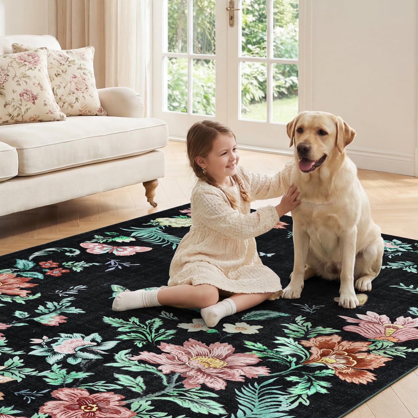 IDEALHOUSE Washable Area Rug, Soft Pearl Velvet Carpet, Non Slip Low Pile, Stain Resistance, Machine Washable Foldable Rug, Floral Pattern Modern, for Living Room, Bedroom, Dining Room, Black