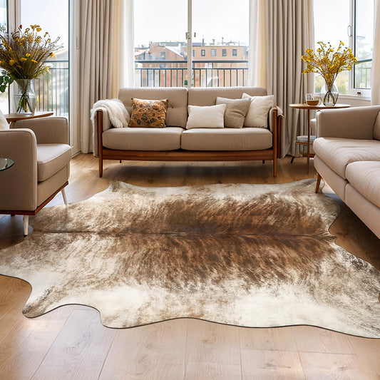 AROGAN Western Decor Faux Fur Cowhide Rug, 4.6 x 5.2 Feet Premium Animal Skin Cow Hide Rug, Sturdy Cow Print Rugs for Wall Decor, Western Floor Carpet for Bedroom Living Room, Brownish