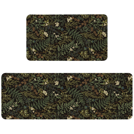 HSOWKDN Vintage Black and Green Botanical Kitchen Rugs Sets of 2 Non Slip Washable, Fern and Leaves Kitchen Mats for Floor 2 Piece Home Decor