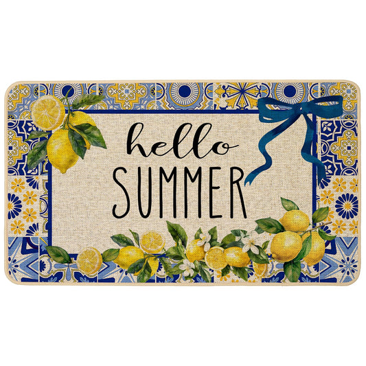 Baccessor Hello Summer Lemon Doormat 17x29 Inch, Tropical Capri Blue Tiles Lemon Low Profile Door Mat Non-Slip Rubber Backing for Floor Entrance Seasonal Outside Patio Porch Outside Home Decor