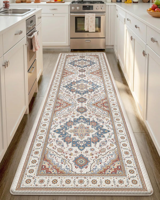 Color&Geometry Anti Fatigue Kitchen Floor Mats, Cushioned Boho Rugs,Waterproof Non Slip Kitchen Runner for Sink, Standing Mats for Office,24"x87",Oatmeal