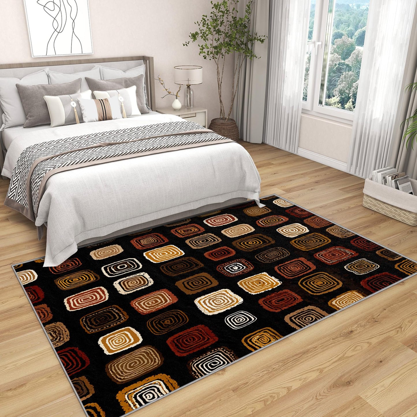 Phtbz Mid Century Rugs for Living Room -Retro Geometric Rug, 5x8 ft, Earth Tone Area Rug, Neutral Square Pattern Washable Non-Slip Stain Resistant, Modern Abstract Home Decor & Gifts