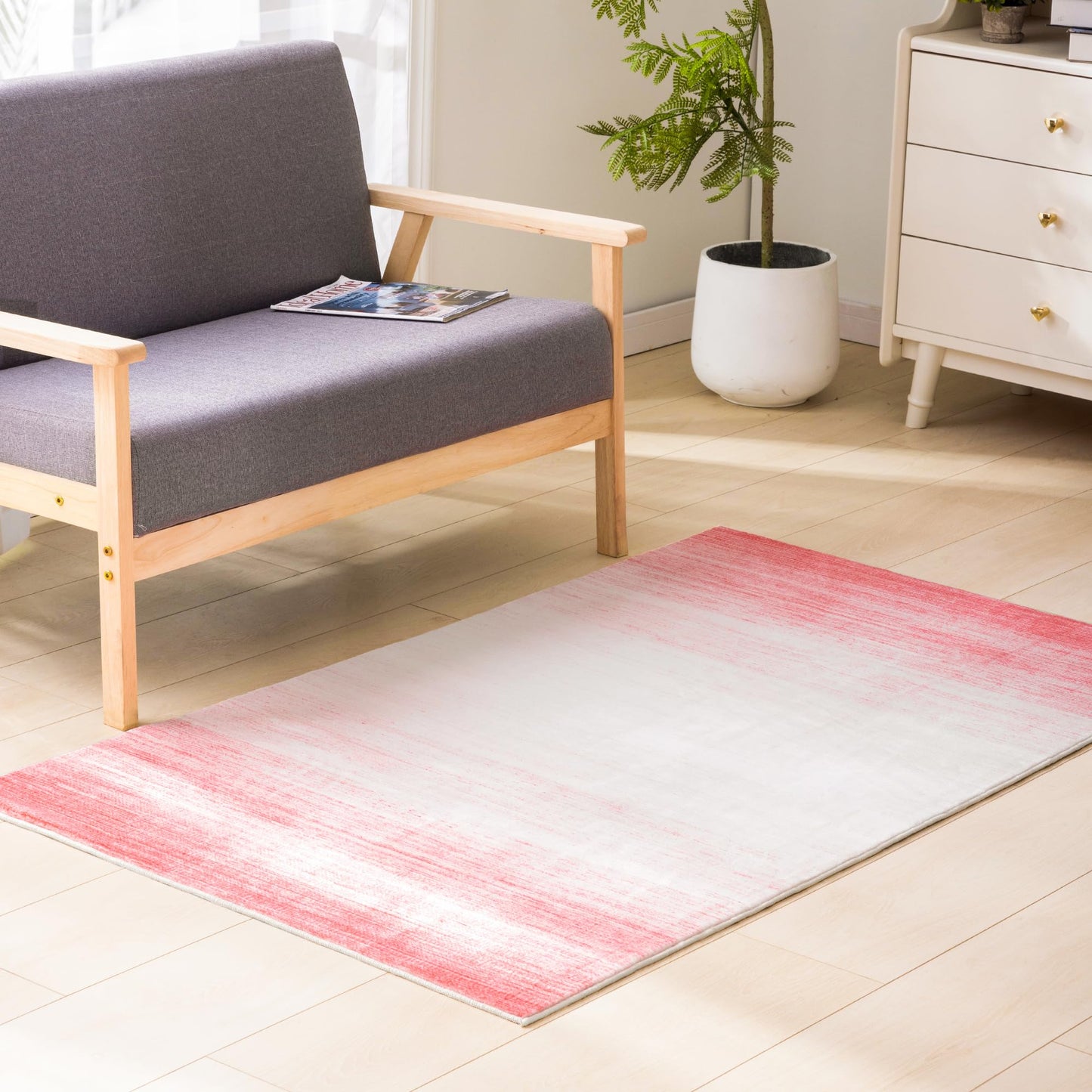 Carvapet Low Profile Area Rug - Washable Pink Ombre 3x5 Modern Carpet, Non Slip TPR Backing Absorbent Dorm Throw Mat for Bedroom Doorway Entryway