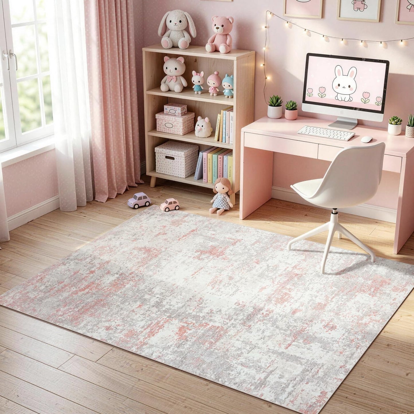 5x7 Washable Modern Abstract Area Rug, Soft Faux Cashmere Low Pile Non-Slip Non-Shedding Carpet for Living Room Bedroom Nursery Girls Room, Grey Pink