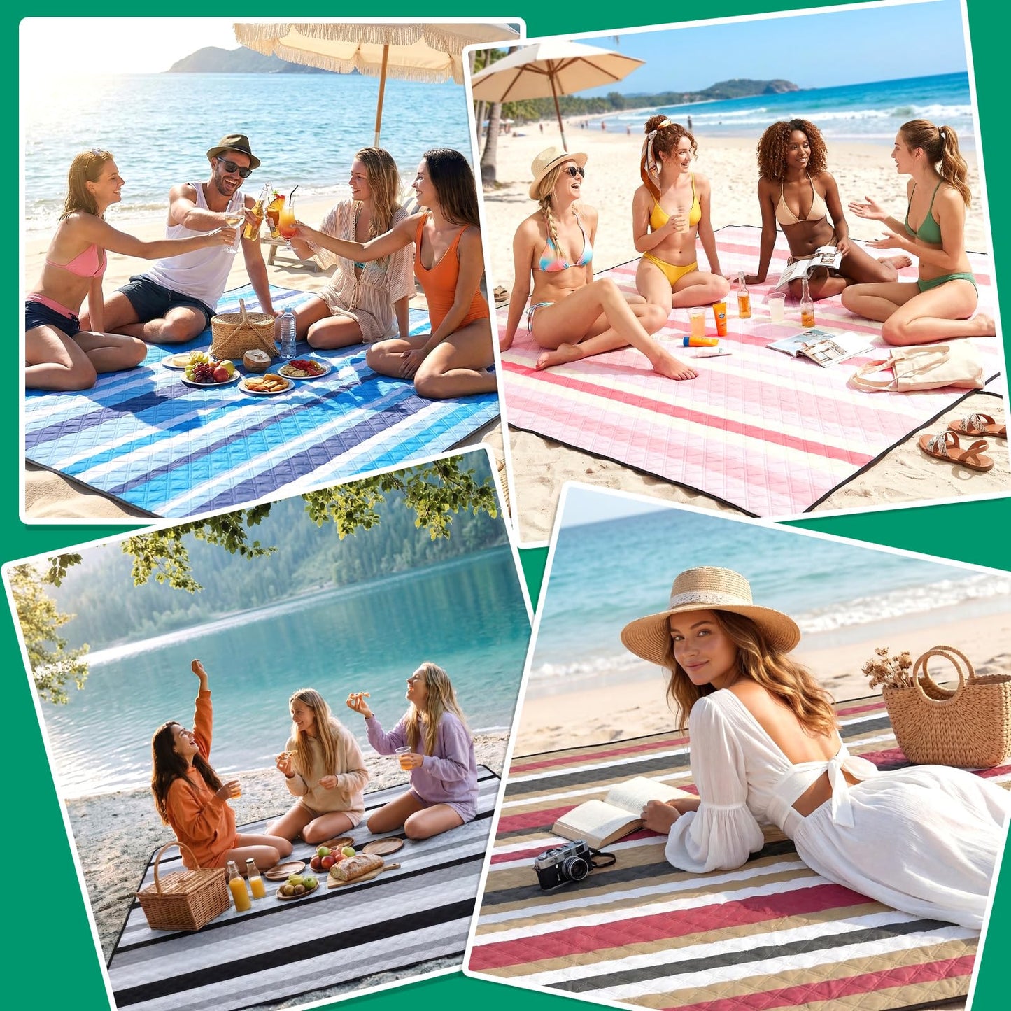 RYCHIC Waterproof Picnic Blanket Beach Mat Outdoor Outside Carpet Thick Rug Towel Kids Activity Playmat Oversized Cute Match Table Bag Basket Set Ground Cover Park Lawn Summer Vacation Essential